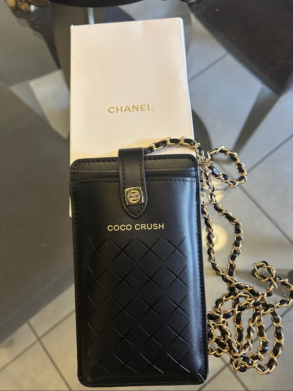 CHANEL Coco Crush Black Quilted Faux Leather Phone Case with Gold Chain GWP